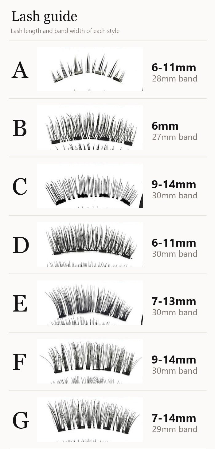 Guide to styles A through G, each with its lash length and band width